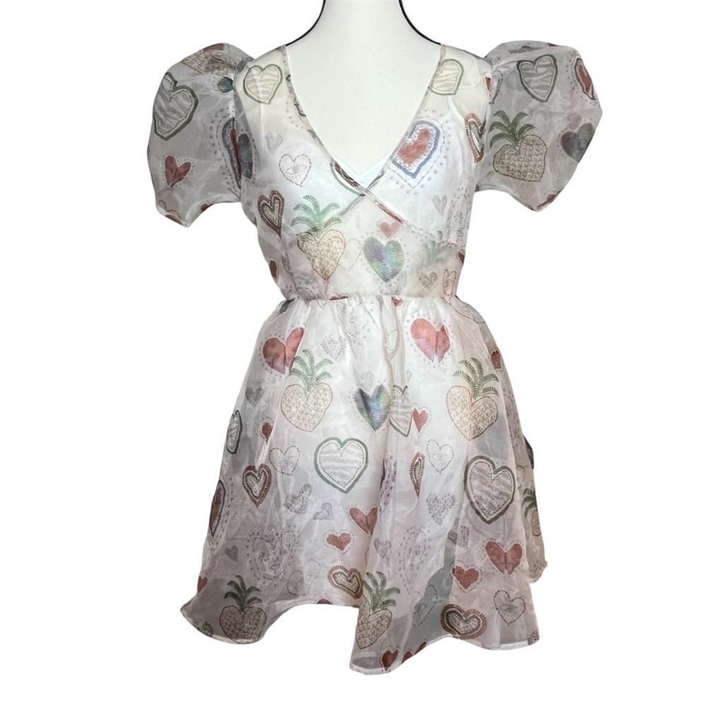 Farm Rio X Anthropologie Semi Sheer Puff Sleeve Mini Dress NWT Size XS Hearts - Picture 3 of 9